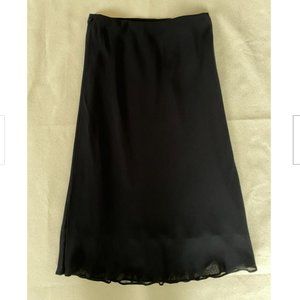 Marks and Spencer Black Flutter Hem Midi Skirt, Semi-Sheer Overlay, Size 8.